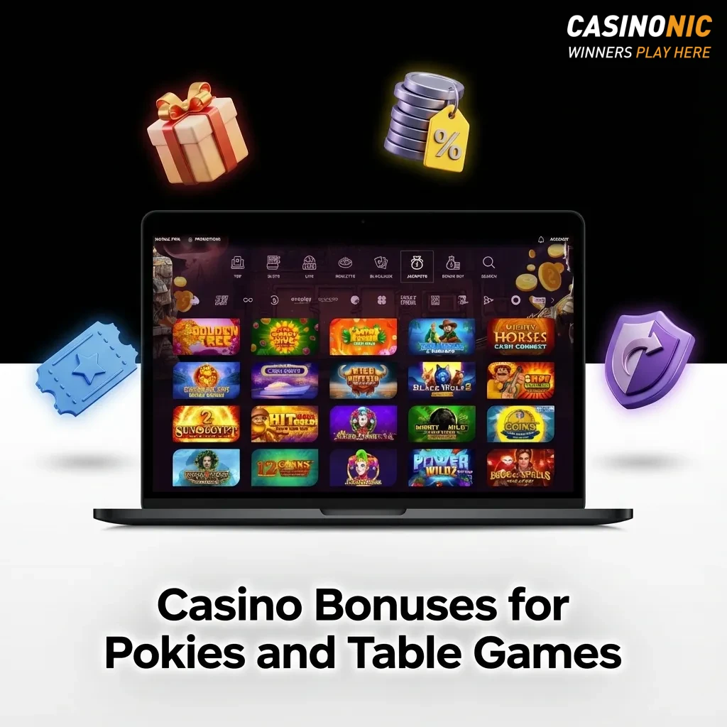 Banner showing pokies reels, roulette wheel, chips and cards with text promoting Australian online casino bonuses and free spins