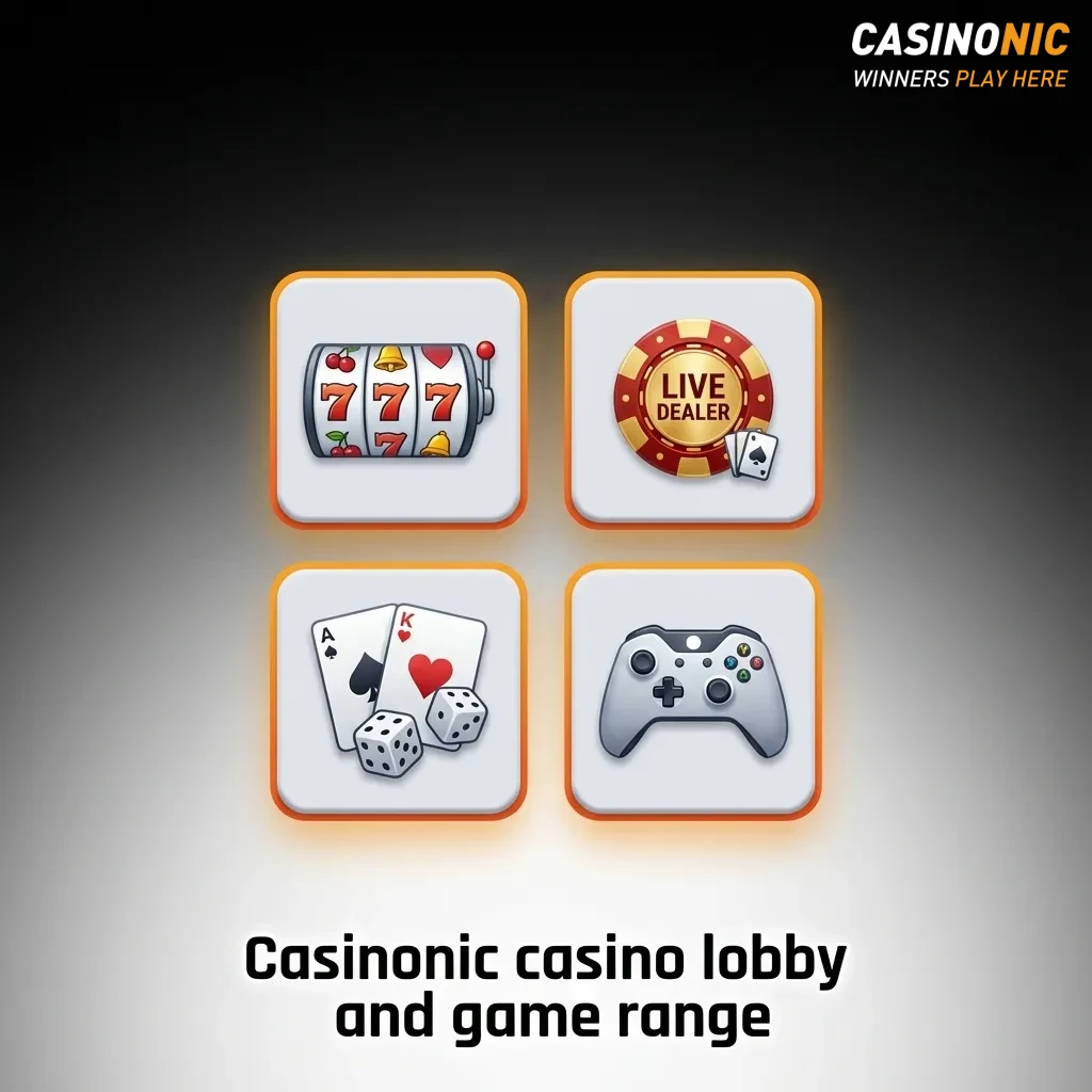 Casinonic casino lobby interface showing pokies, table games, live dealers, jackpots and game show tiles with filters
