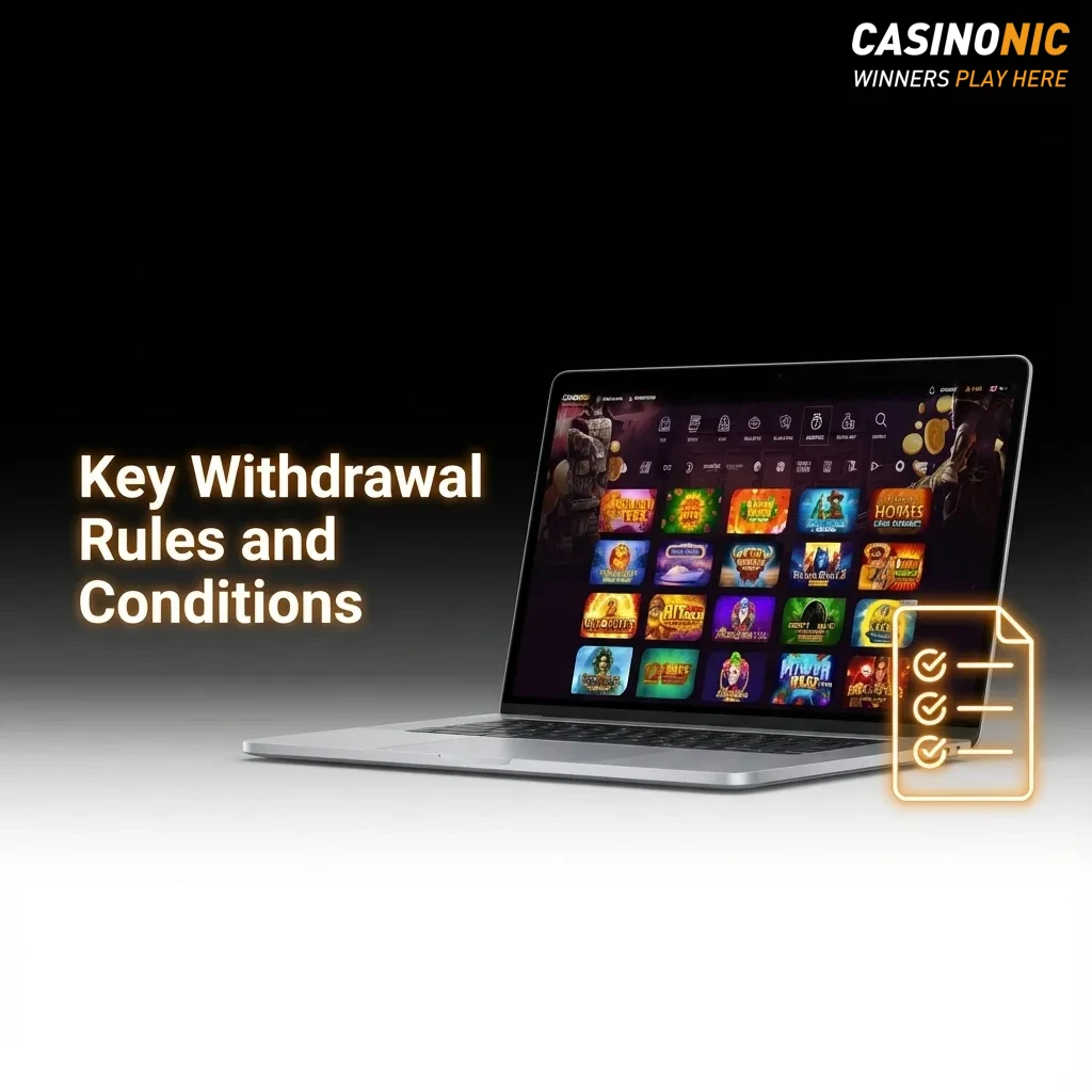 Infographic listing Casinonic withdrawal rules: account ownership, KYC checks, bonus wagering, limits, and AUD banking terms