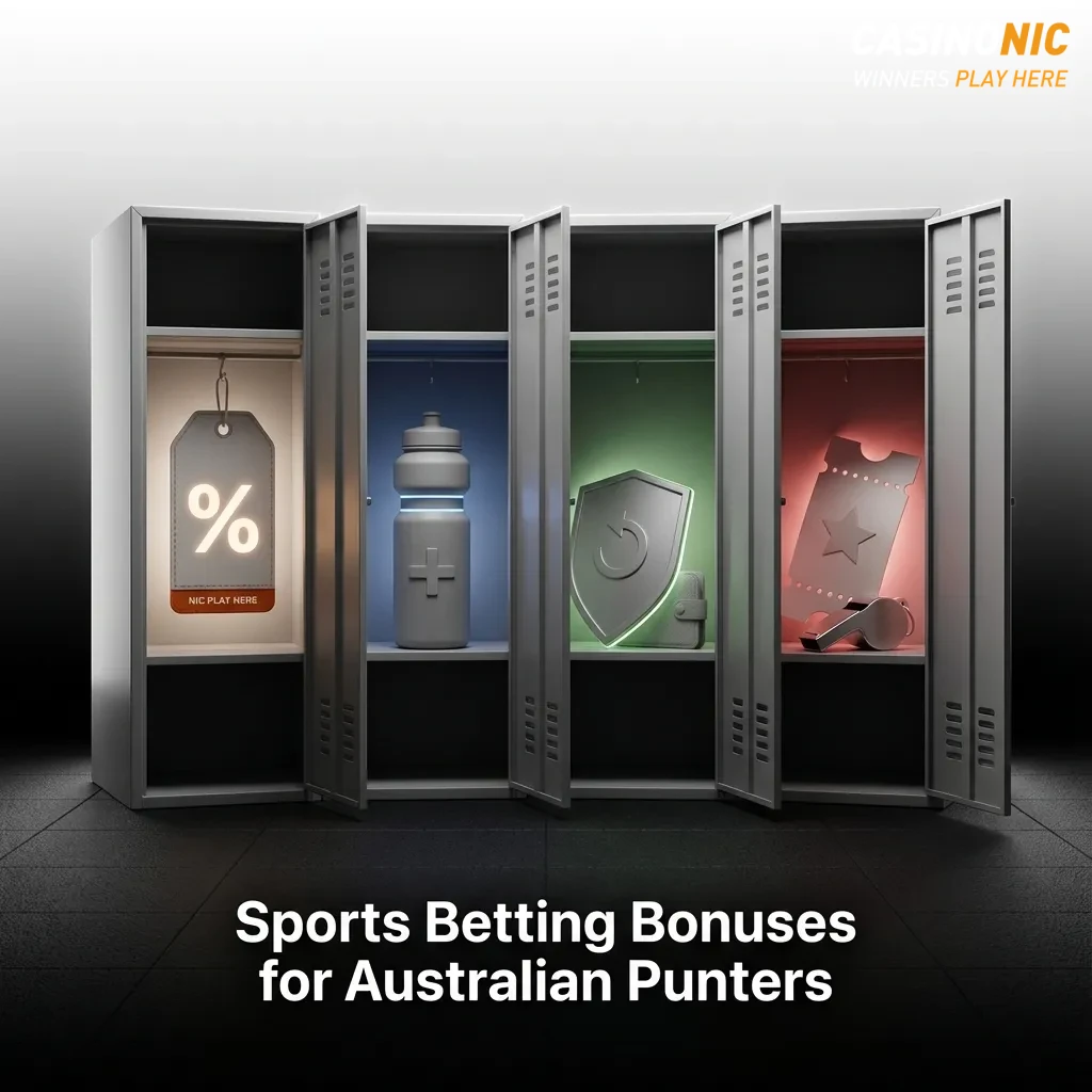 Infographic titled “Sports Betting Bonuses for Australian Punters” showing deposit bonus, acca boost, and risk-back refund offers.