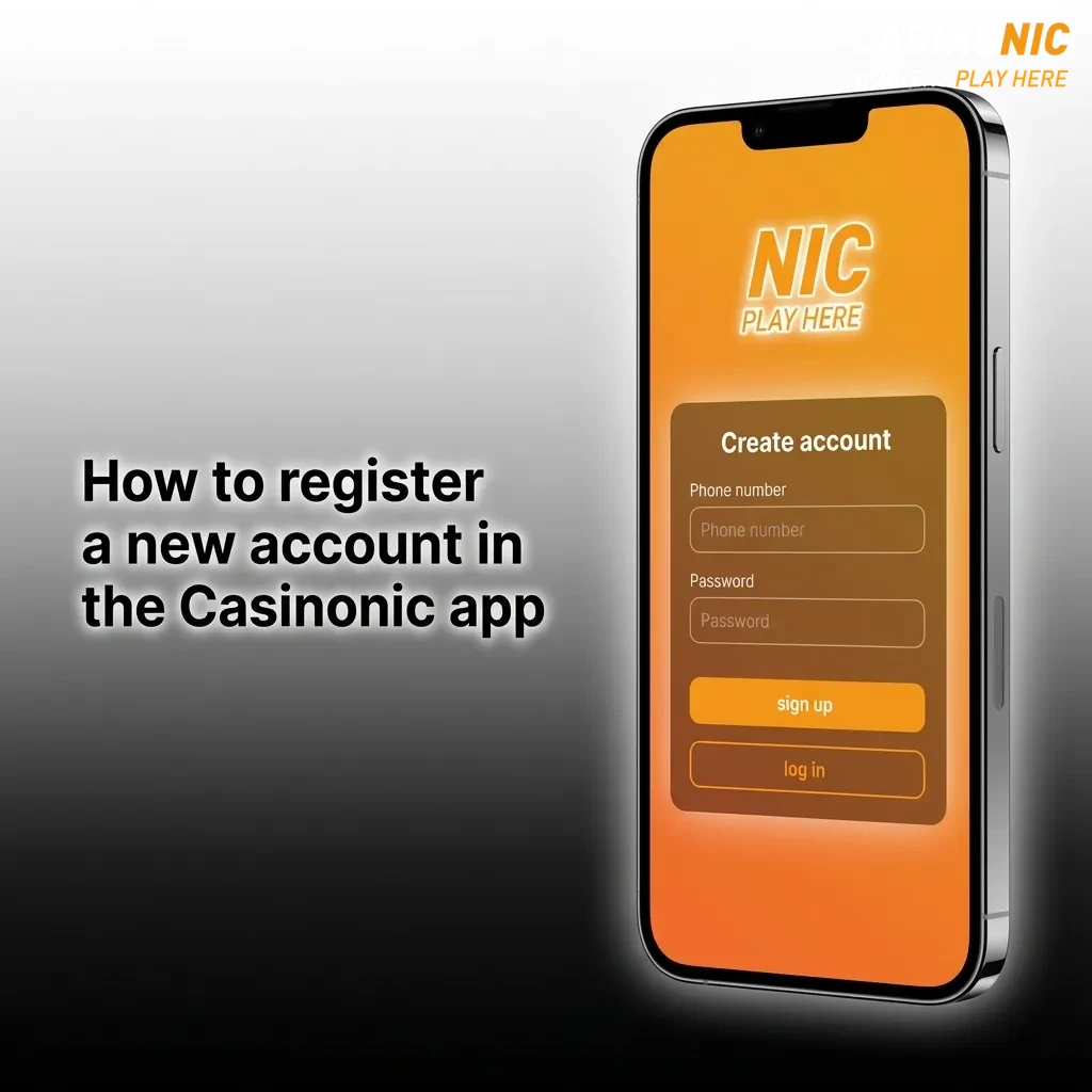 Smartphone screen showing Casinonic app signup form with fields for email, password, currency, personal details, and age confirmation
