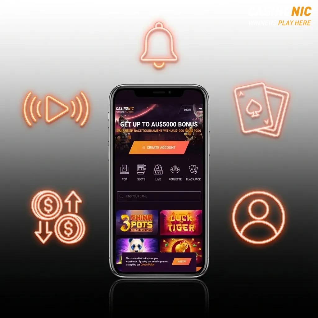 Smartphone displaying the Casinonic app with sports betting, live odds, pokies, and casino menus for Australian players