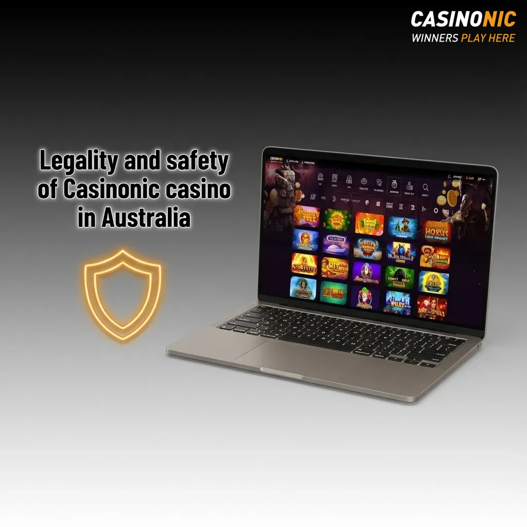 Graphic titled “Legality and safety of Casinonic casino in Australia” with icons for licensing, security, and responsible gaming