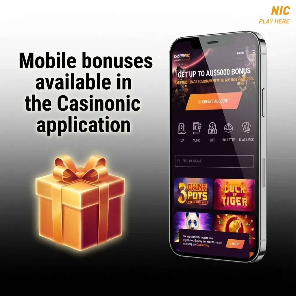 Smartphone screen showing Casinonic app with welcome bonus, reload deals, free bets and mobile promo banners displayed