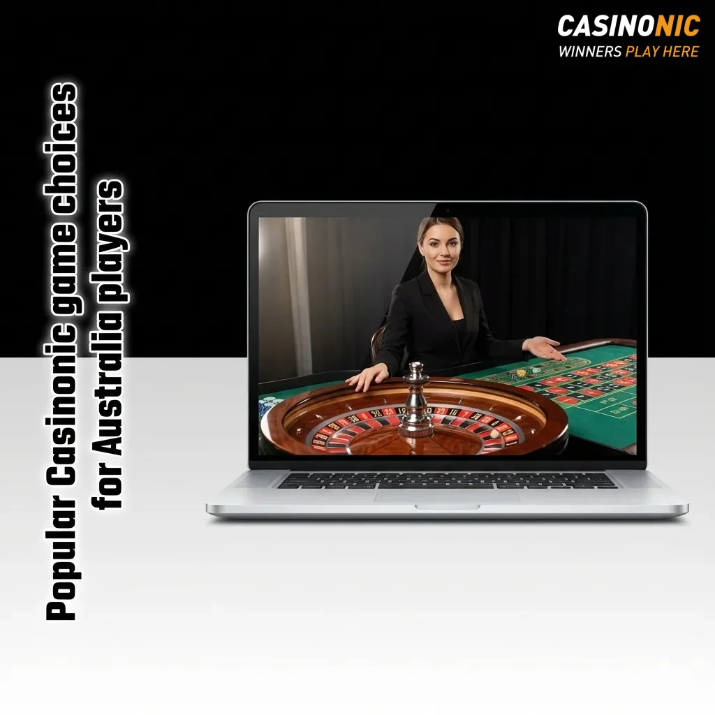 Collage of popular Casinonic games for Australian players, featuring pokies, live blackjack, roulette, and crash game Aviator.