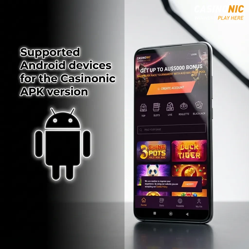 Chart listing supported Android phone brands and models in Australia for the Casinonic APK gaming app
