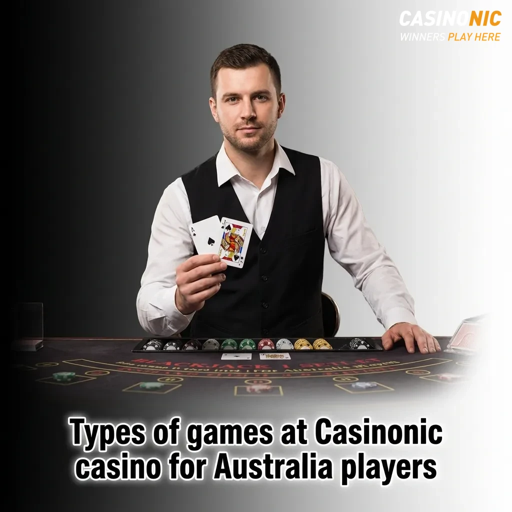 Graphic showing Casinonic Australia games: pokies, crash, table, video poker, jackpots and instant win titles