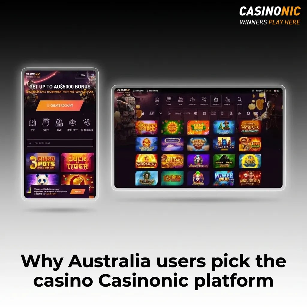 Australian player using Casinonic on mobile, icons highlighting AUD banking, pokies, fast payouts, mobile play and security.