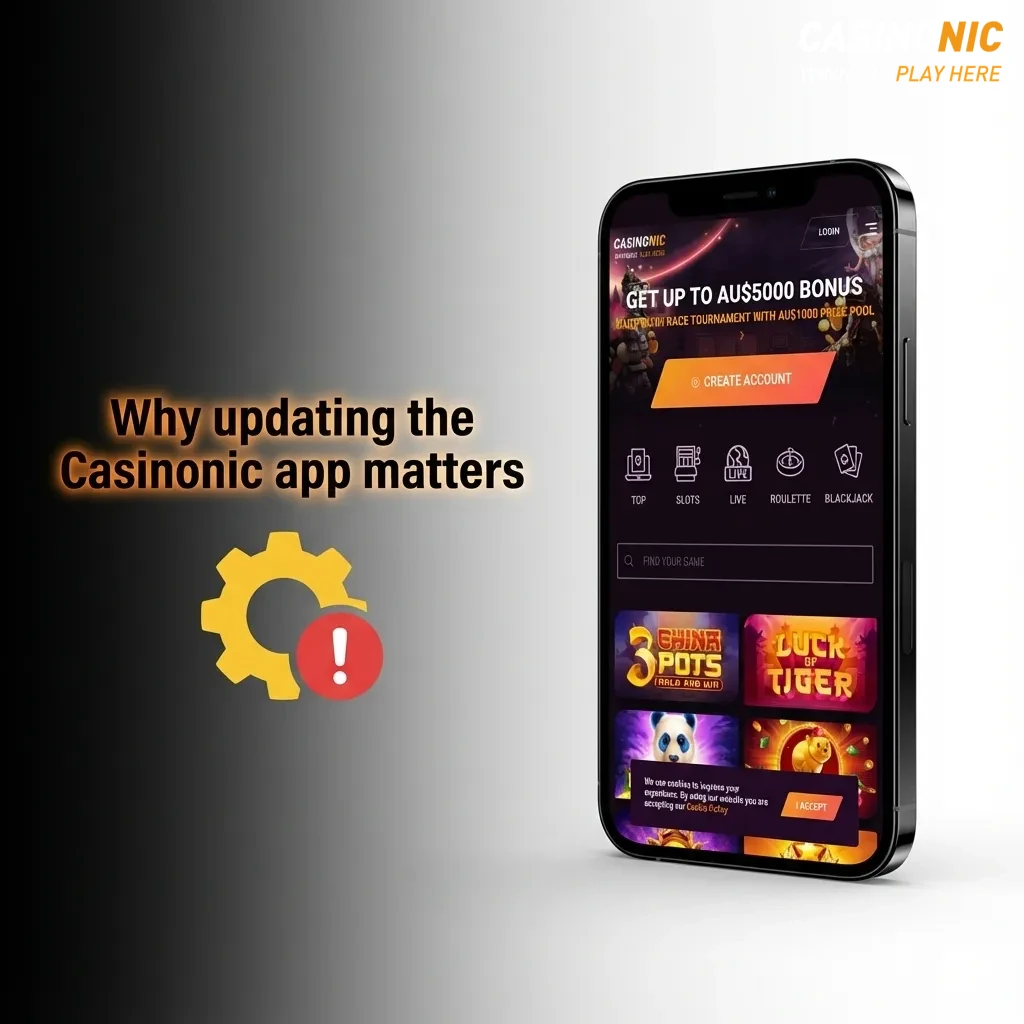 Illustration of a smartphone with Casinonic app icons, update arrows, security shield, and notifications symbolizing safer betting
