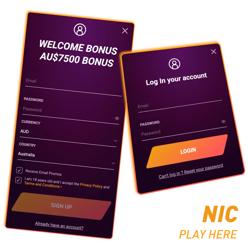 Login page for accessing a Casinonic account in Australia.
