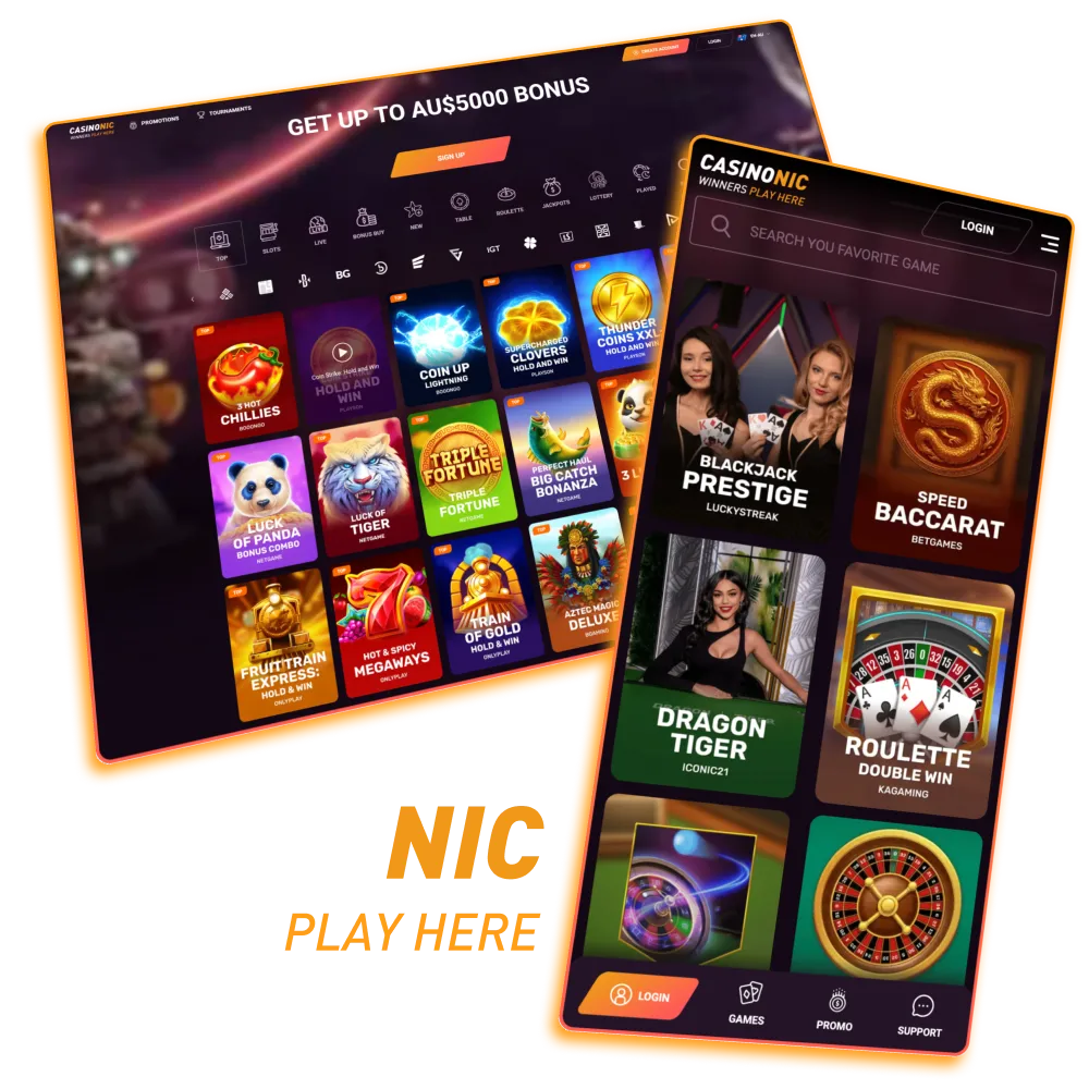Casinonic showcasing pokies, live tables, and fast payment methods.
