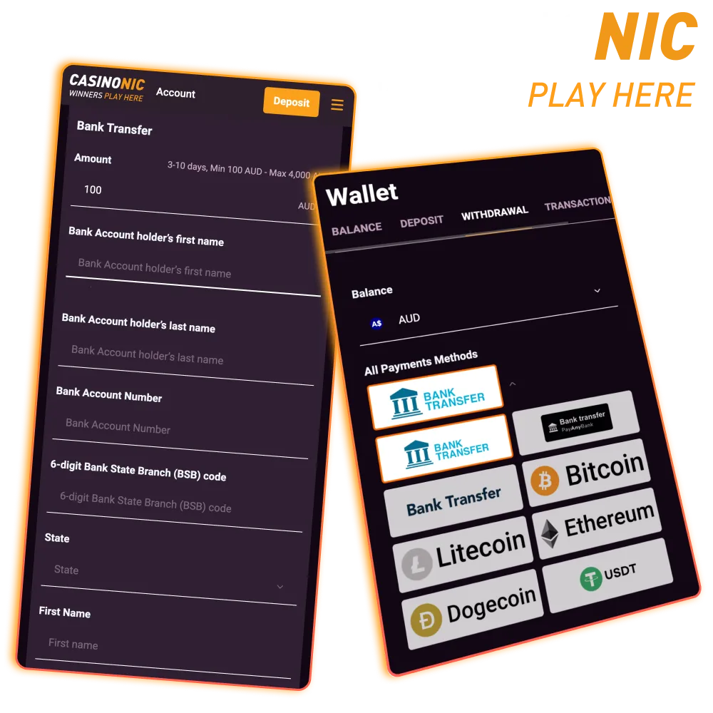 Casinonic cash‑out methods including cards, e‑wallets, and crypto.